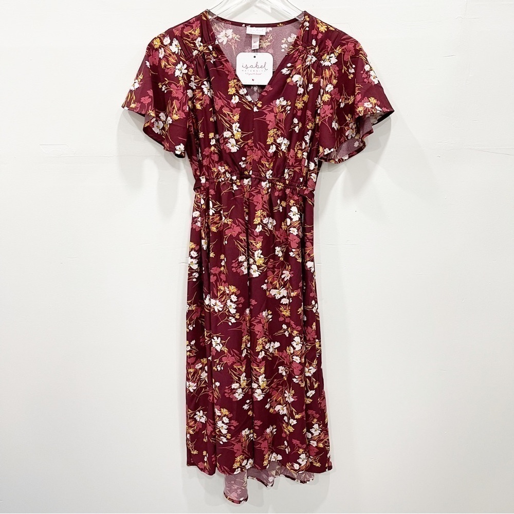 Isabel Maternity Floral Short Sleeve Midi Dress Belted XS
